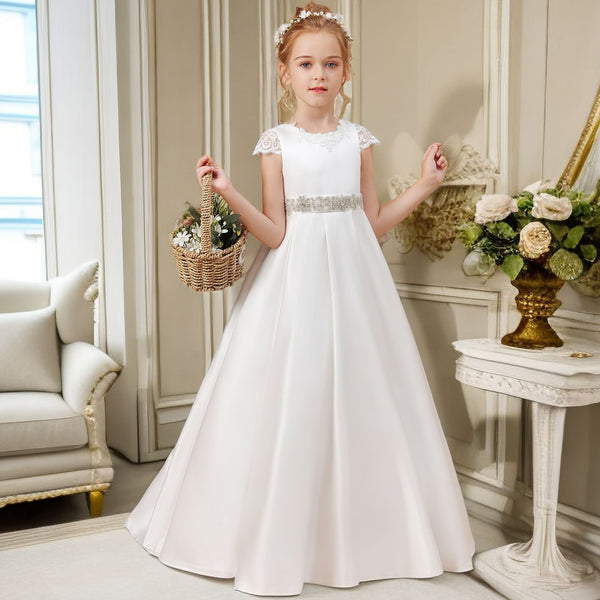 Ball Gown/Princess Cap Sleeve Scoop Neck Floor-Length Ivory Court Train Lace/Satin Flower Girl Dresses With Beads Belt and Removable Bow Girls Gidiondress