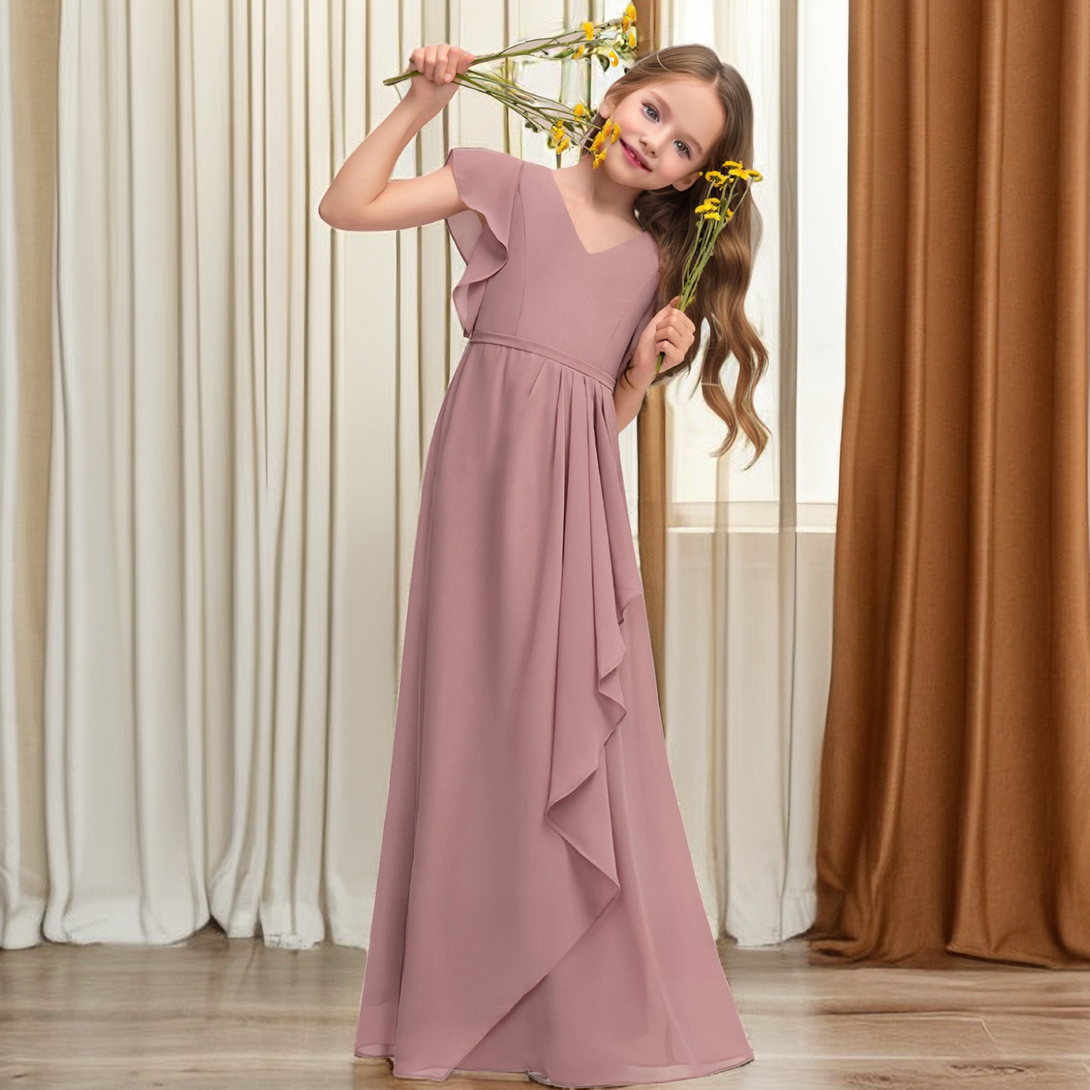 A-line V-Neck Floor-Length Chiffon Junior Bridesmaid Dress With Cascading Ruffles Girls Gidiondress