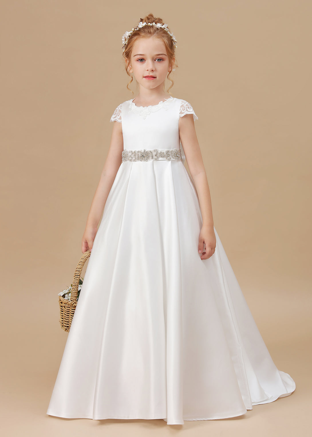Ball Gown/Princess Cap Sleeve Scoop Neck Floor-Length Ivory Court Train Lace/Satin Flower Girl Dresses With Beads Belt and Removable Bow Girls Gidiondress