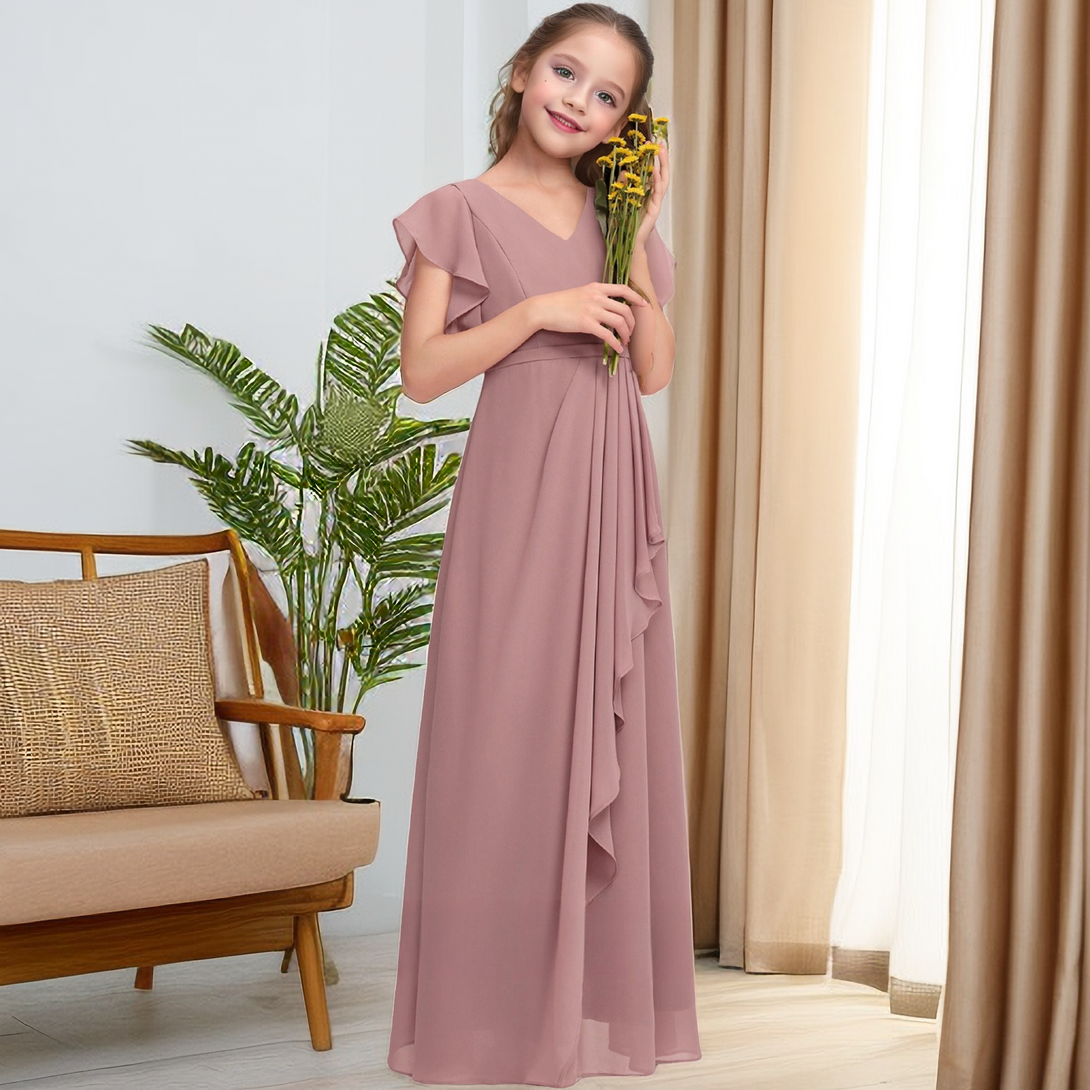 A-line V-Neck Floor-Length Chiffon Junior Bridesmaid Dress With Cascading Ruffles Girls Gidiondress