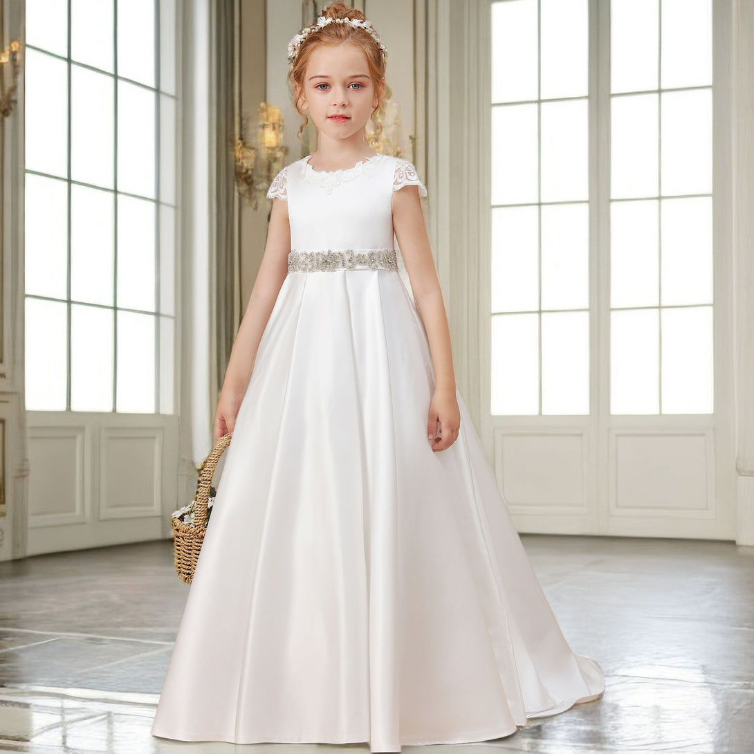Ball Gown/Princess Cap Sleeve Scoop Neck Floor-Length Ivory Court Train Lace/Satin Flower Girl Dresses With Beads Belt and Removable Bow Girls Gidiondress