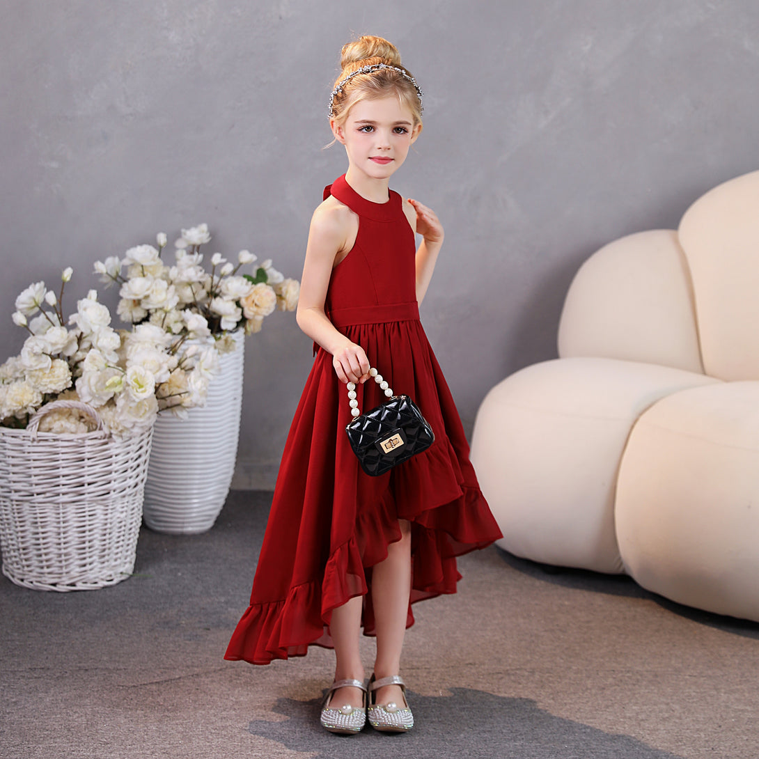 Girls Birthday Dresses Halter Sleeveless Chiffon Asymmetrical Junior Bridesmaid Dress/Party Dresses With Ruffled Hem/Belt Girls Gidiondress