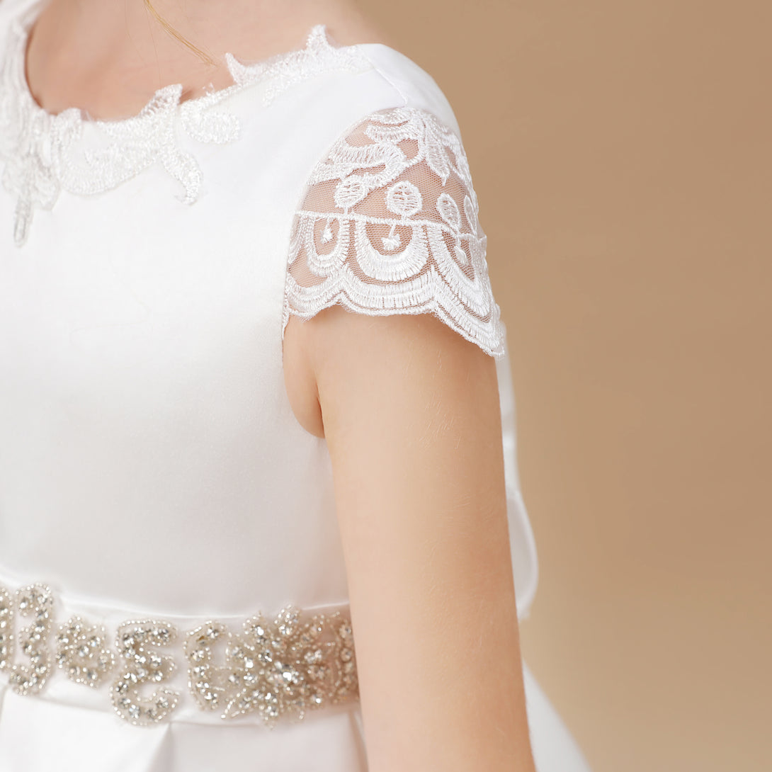 Ball Gown/Princess Cap Sleeve Scoop Neck Floor-Length Ivory Court Train Lace/Satin Flower Girl Dresses With Beads Belt and Removable Bow Girls Gidiondress