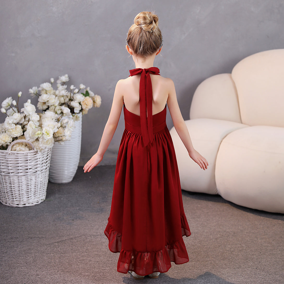 Girls Birthday Dresses Halter Sleeveless Chiffon Asymmetrical Junior Bridesmaid Dress/Party Dresses With Ruffled Hem/Belt Girls Gidiondress