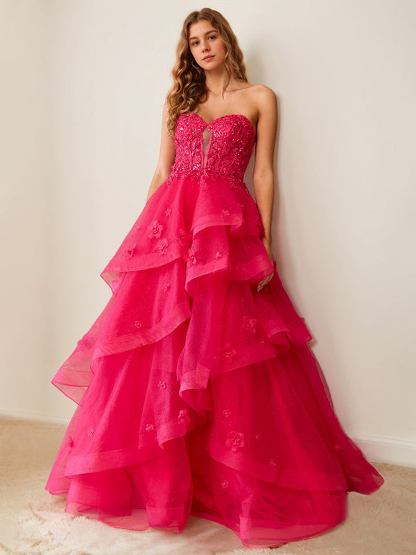 A-Line Strapless Sleeveless Luxurious Pleated Prom Dresses with Beadings/Ruffles/Appliques BabaMila
