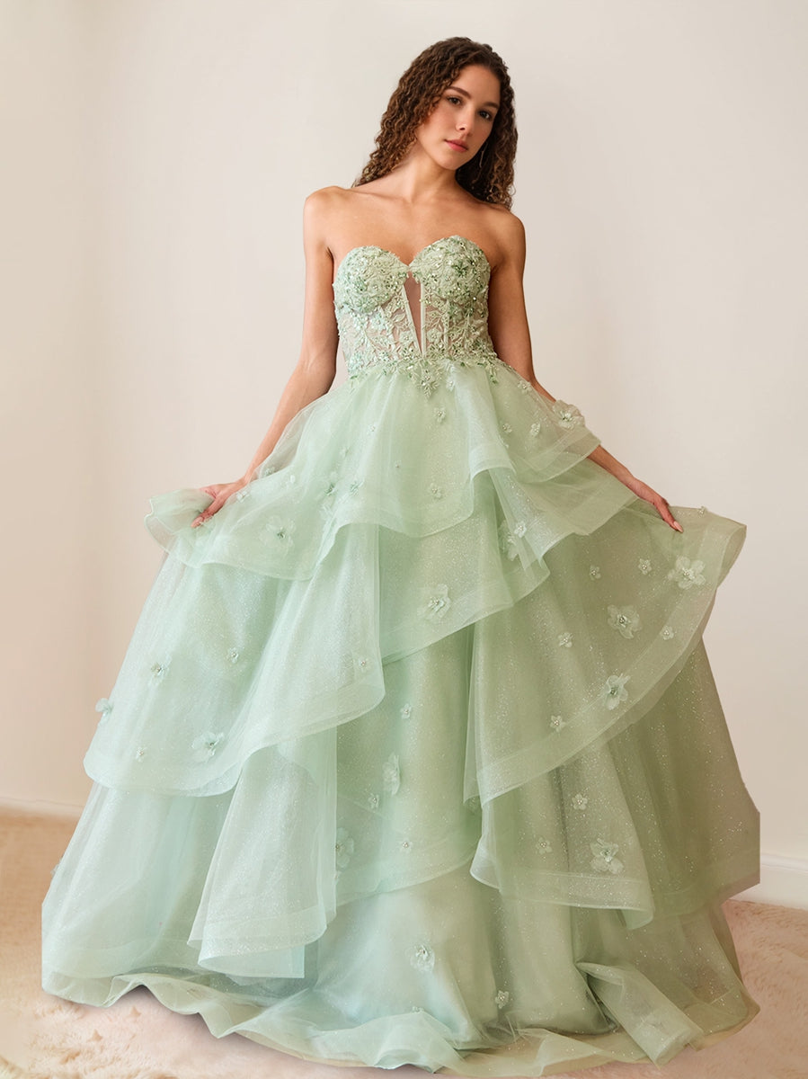 A-Line Strapless Sleeveless Luxurious Pleated Prom Dresses with Beadings/Ruffles/Appliques BabaMila