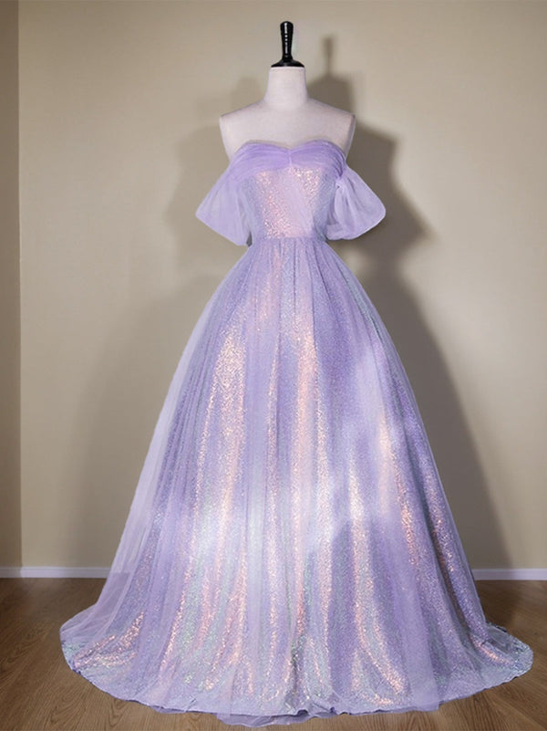 Shining A-Line/Princess Off-the-Shoulder Floor Length Elegant Prom Dresses with Ruffles BabaMila