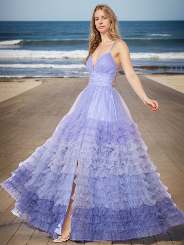 A-Line/Princess Spaghetti Straps Sleeveless Floor Length Prom Dresses with Ruffles/High Split BabaMila