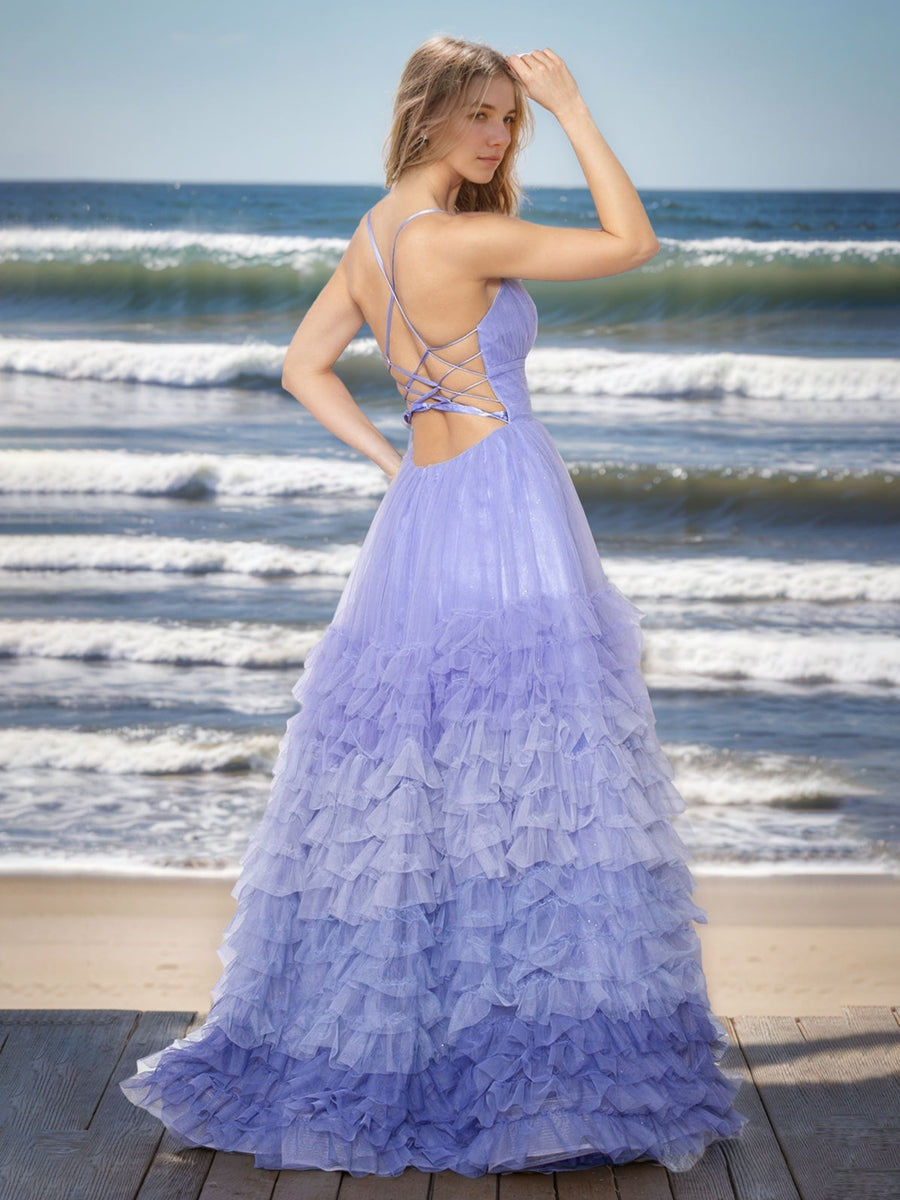 A-Line/Princess Spaghetti Straps Sleeveless Floor Length Prom Dresses with Ruffles/High Split BabaMila