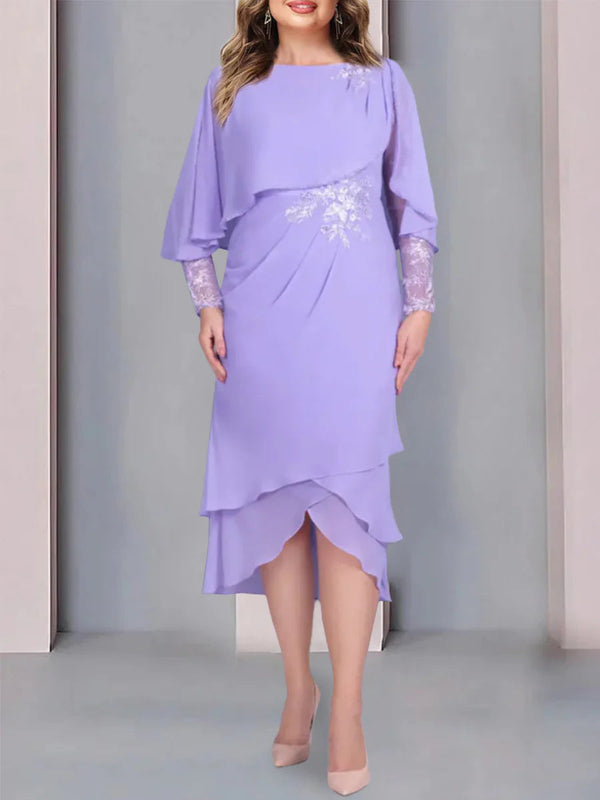 Sheath/Column Scoop Short Sleeves Tea-Length Plus Size Mother Of The Bride Dresses With Appliques & Lace BabaMila