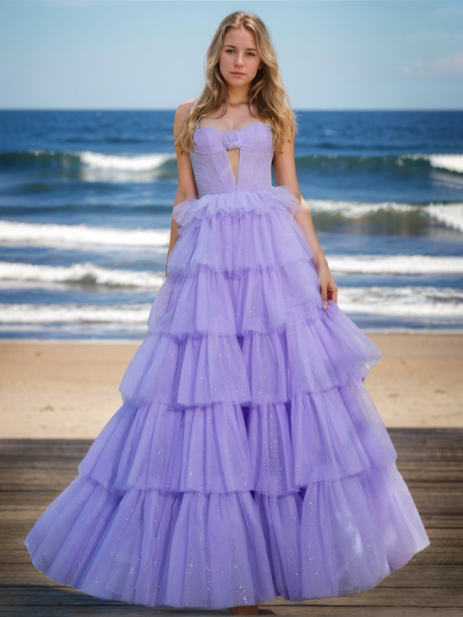 A-Line/Princess Strapless Sleeveless Sweet Prom Dresses with Ruffles/Flower BabaMila