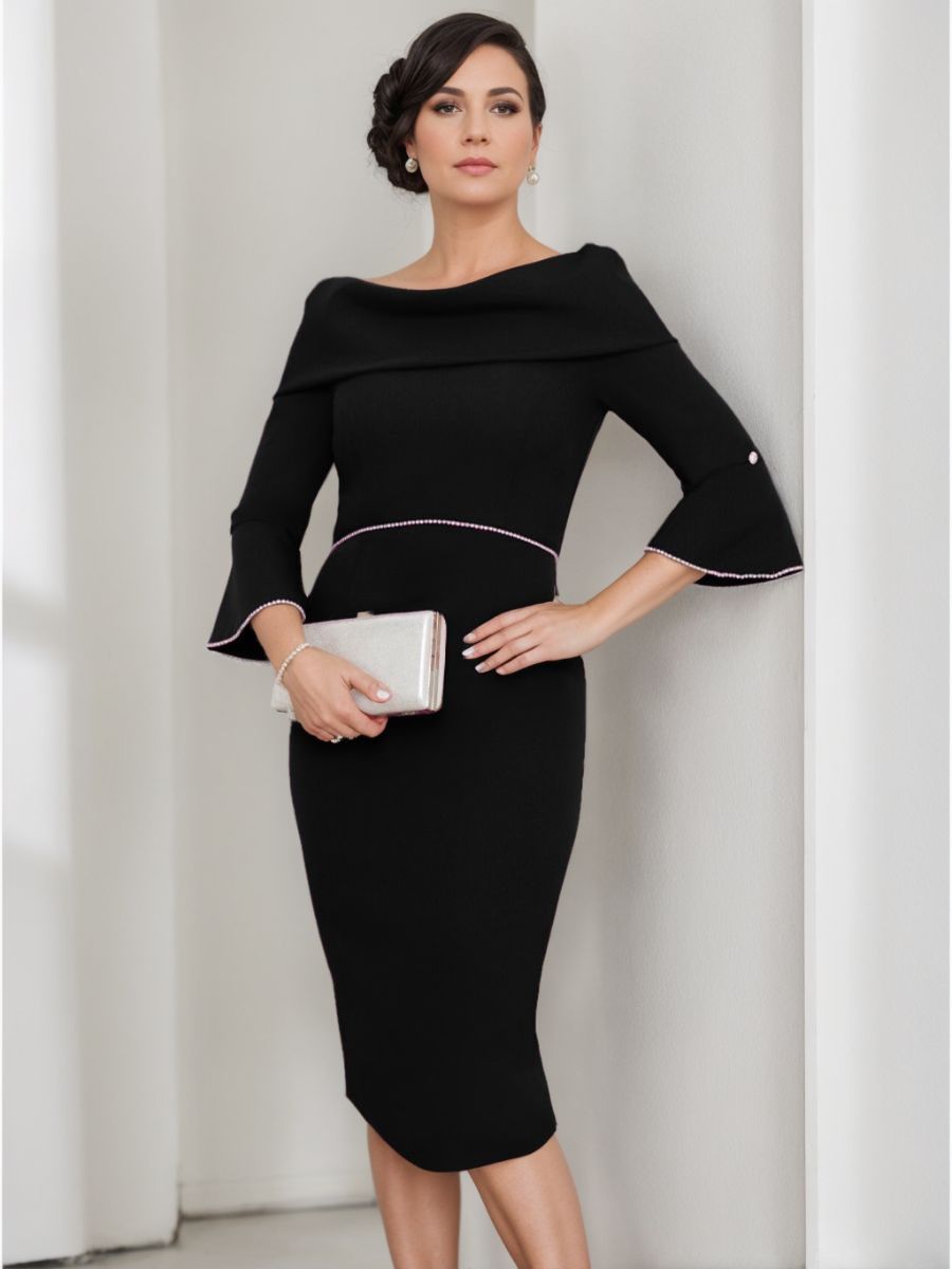 Sheath/Column Cowl Neck 3/4 Sleeves Mother Of The Bride & Groom Dresses With Pearl BabaMila