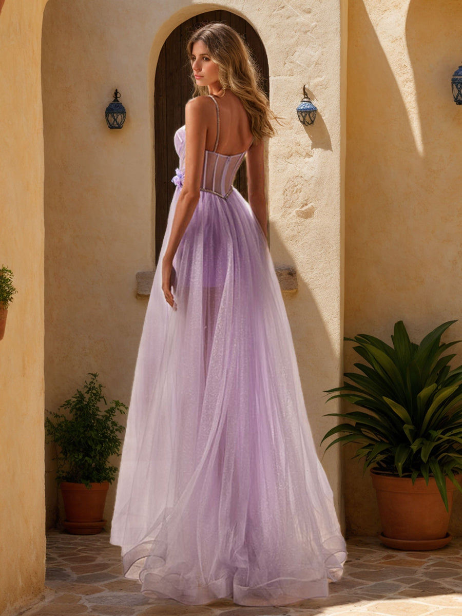 A-Line Spaghetti Straps Sleeveless Pleated Long Prom Dresses with Split Side/Appliques BabaMila