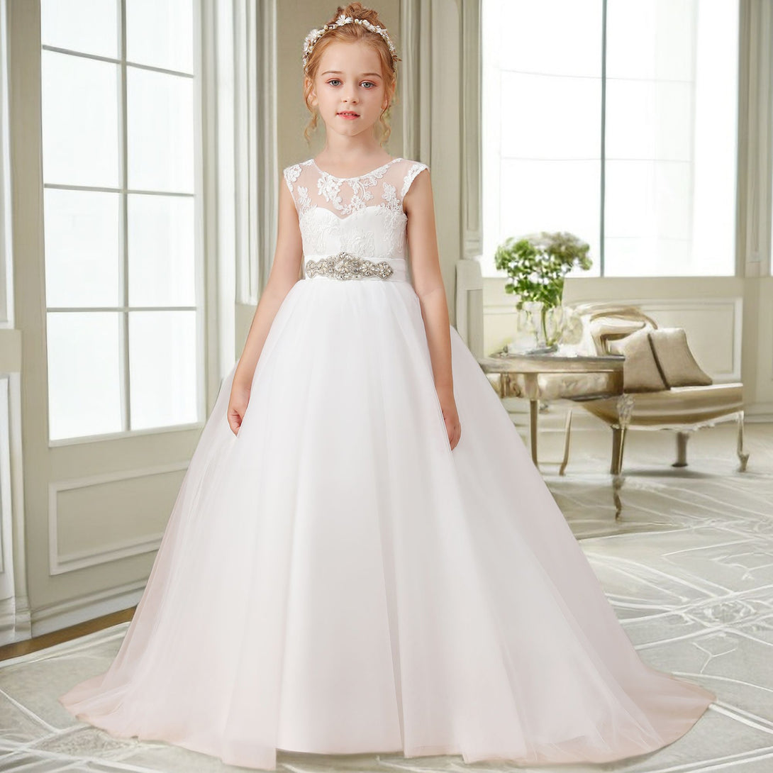 A-line Sleeveless Scoop Neck Floor-Length Ivory Court Train Lace/Satin/Tulle Flower Girl Dresses With Beads Belt Girls Gidiondress