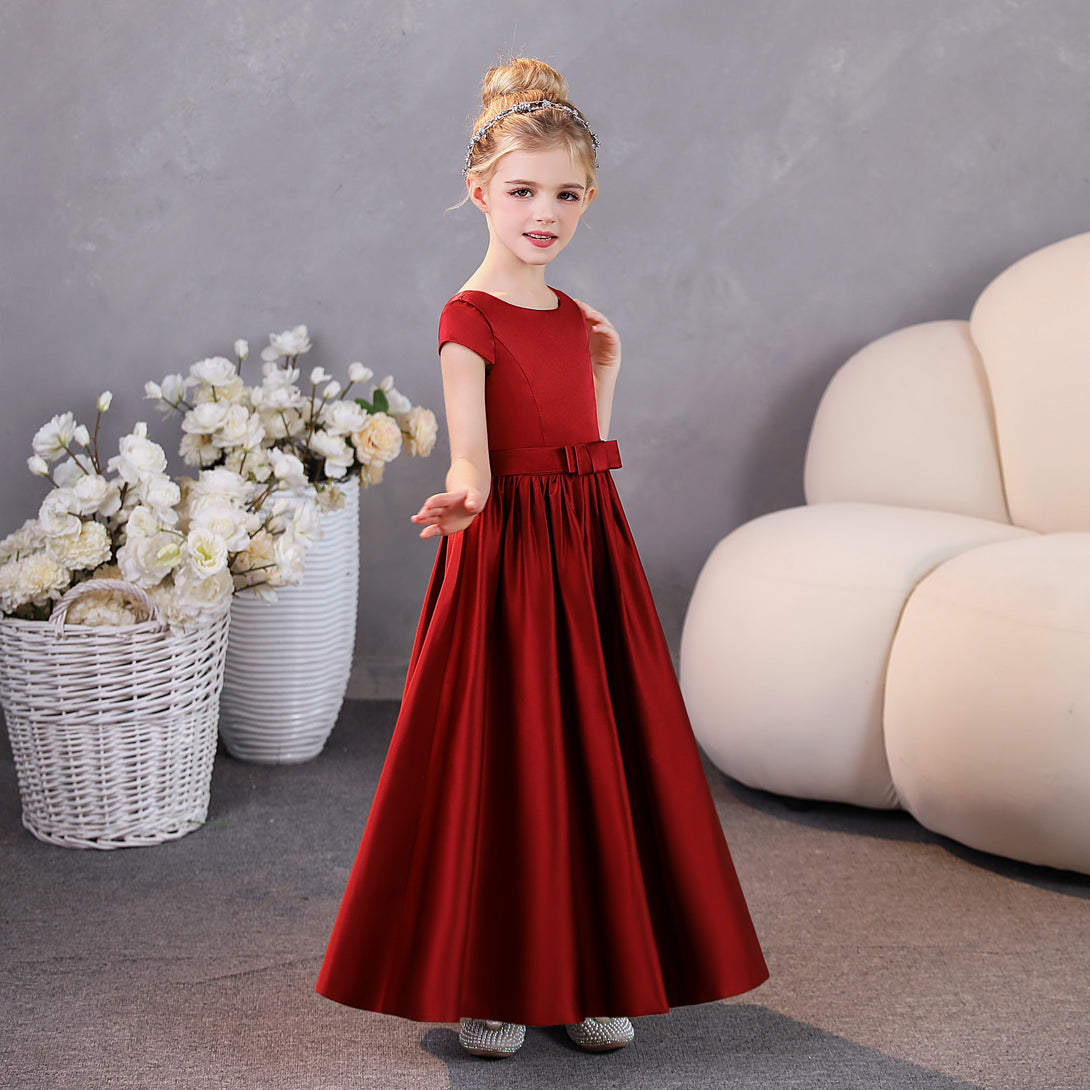 Girls Birthday Dresses Scoop Neck Short Sleeve Satin Floor-Length Party Dresses With Belt Girls Gidiondress