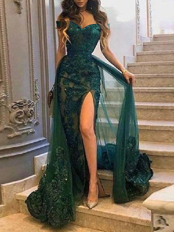 Sheath/Column Off-the-Shoulder Floor-length Long Prom Dresses With Applique/Split Side BabaMila