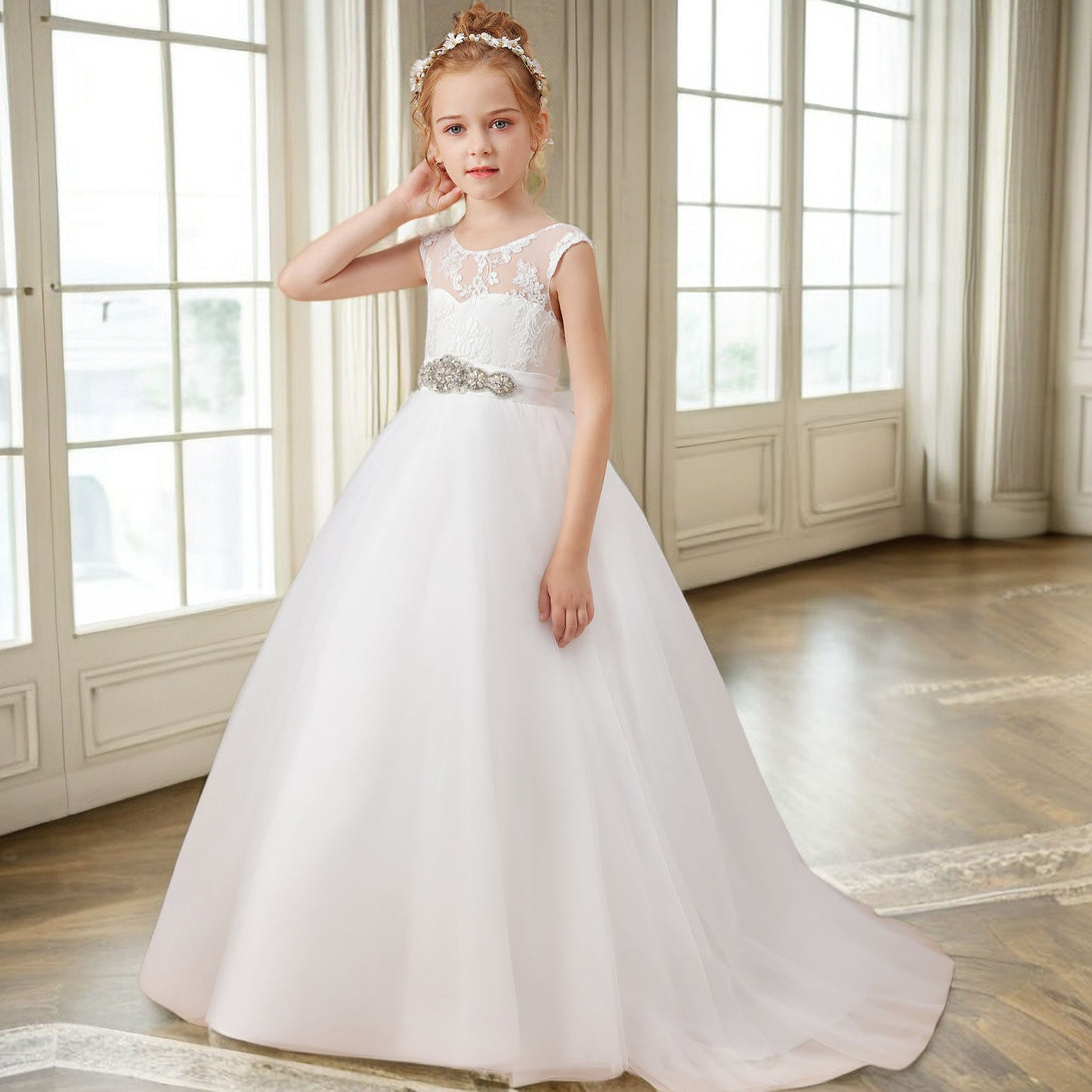 A-line Sleeveless Scoop Neck Floor-Length Ivory Court Train Lace/Satin/Tulle Flower Girl Dresses With Beads Belt Girls Gidiondress