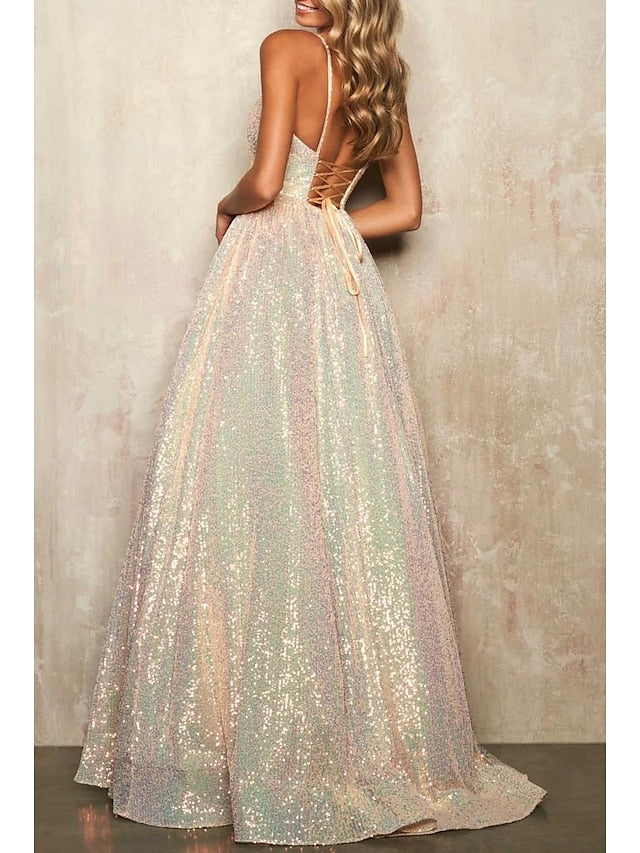 A-Line/Princess Sweetheart Neck Spaghetti Straps Sequined Lace Floor-Length Long Prom Dresses BabaMila