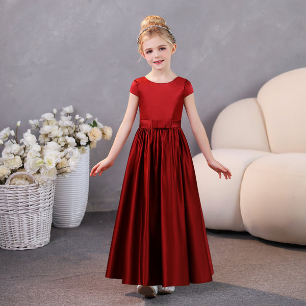 Girls Birthday Dresses Scoop Neck Short Sleeve Satin Floor-Length Party Dresses With Belt Girls Gidiondress
