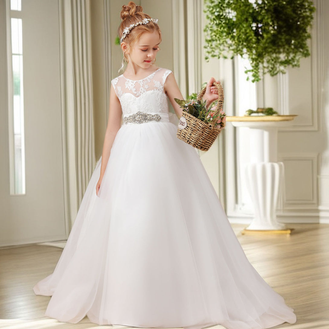 A-line Sleeveless Scoop Neck Floor-Length Ivory Court Train Lace/Satin/Tulle Flower Girl Dresses With Beads Belt Girls Gidiondress