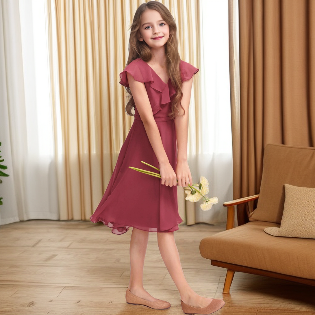 A-line V-Neck Asymmetrical Chiffon Junior Bridesmaid Dress Girls Gidiondress