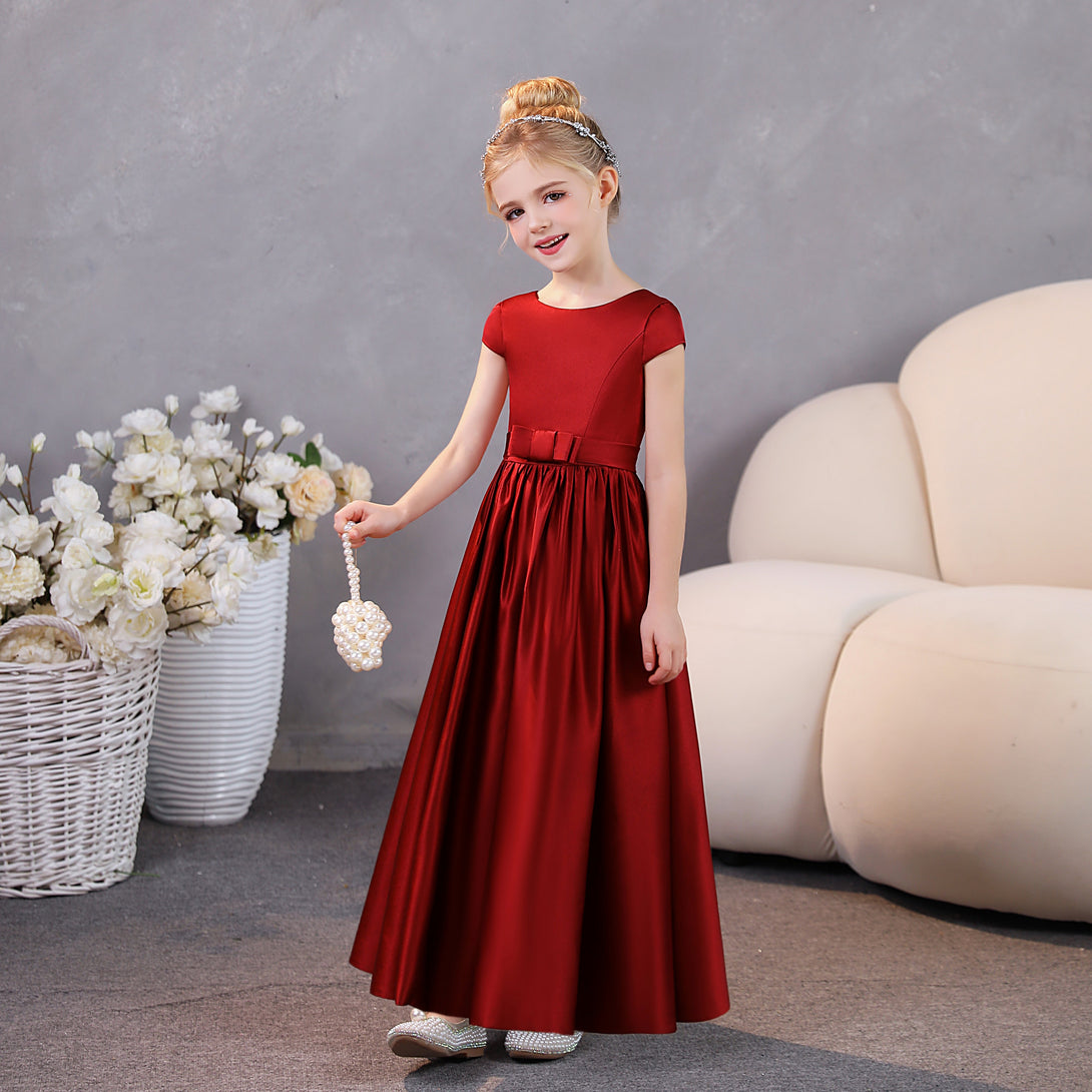 Girls Birthday Dresses Scoop Neck Short Sleeve Satin Floor-Length Party Dresses With Belt Girls Gidiondress