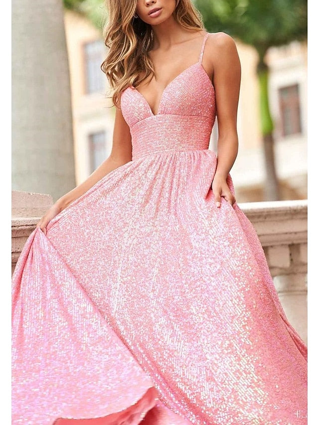 A-Line/Princess Sweetheart Neck Spaghetti Straps Sequined Lace Floor-Length Long Prom Dresses BabaMila
