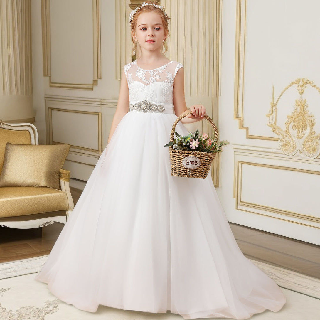 A-line Sleeveless Scoop Neck Floor-Length Ivory Court Train Lace/Satin/Tulle Flower Girl Dresses With Beads Belt Girls Gidiondress