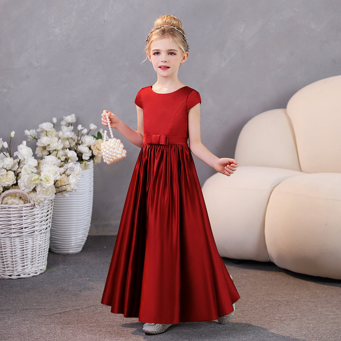 Girls Birthday Dresses Scoop Neck Short Sleeve Satin Floor-Length Party Dresses With Belt Girls Gidiondress as picture 12M
