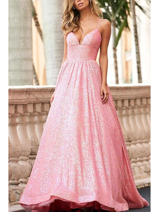 A-Line/Princess Sweetheart Neck Spaghetti Straps Sequined Lace Floor-Length Long Prom Dresses BabaMila