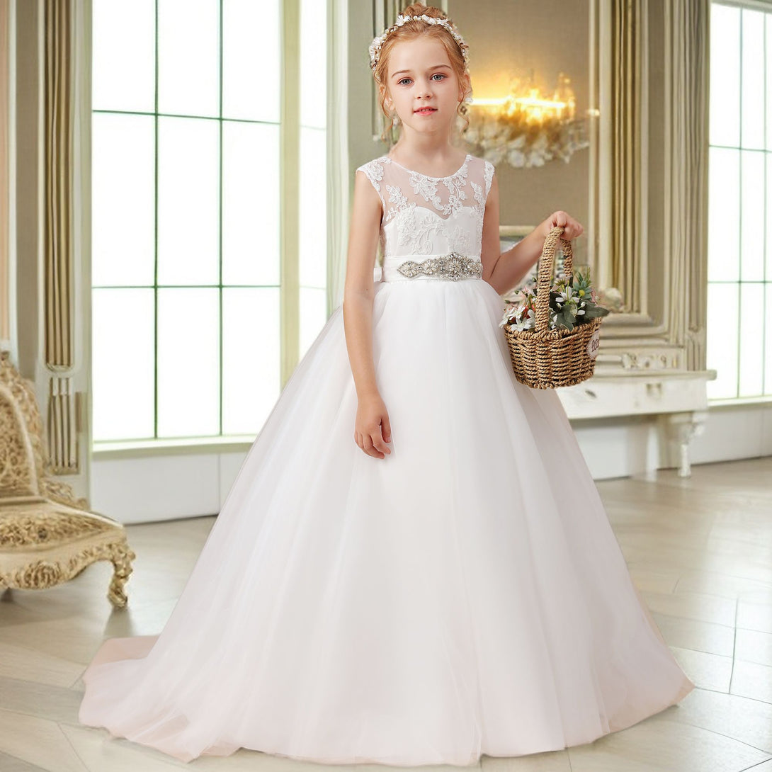 A-line Sleeveless Scoop Neck Floor-Length Ivory Court Train Lace/Satin/Tulle Flower Girl Dresses With Beads Belt Girls Gidiondress
