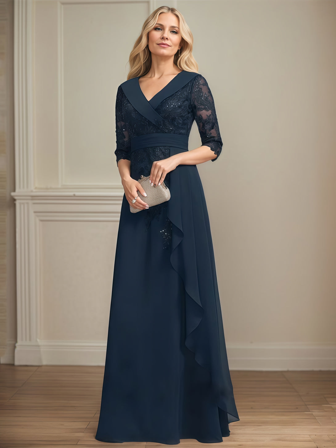 V-Neck A-Line Half Sleeve Floor-Length Chiffon/Lace Mother of the Bride Dress With Cascading Ruffles/Sequins/Appliques/Belt BabaMila