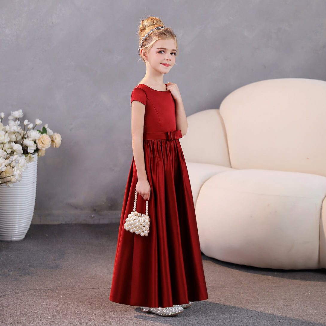 Girls Birthday Dresses Scoop Neck Short Sleeve Satin Floor-Length Party Dresses With Belt Girls Gidiondress