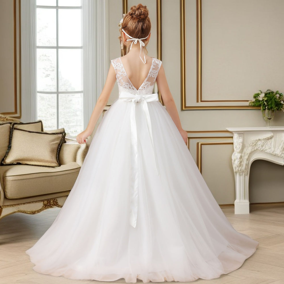 A-line Sleeveless Scoop Neck Floor-Length Ivory Court Train Lace/Satin/Tulle Flower Girl Dresses With Beads Belt Girls Gidiondress