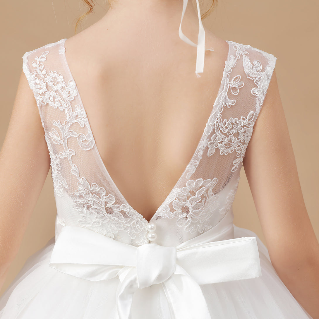 A-line Sleeveless Scoop Neck Floor-Length Ivory Court Train Lace/Satin/Tulle Flower Girl Dresses With Beads Belt Girls Gidiondress