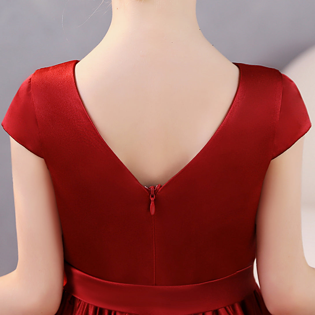 Girls Birthday Dresses Scoop Neck Short Sleeve Satin Floor-Length Party Dresses With Belt Girls Gidiondress