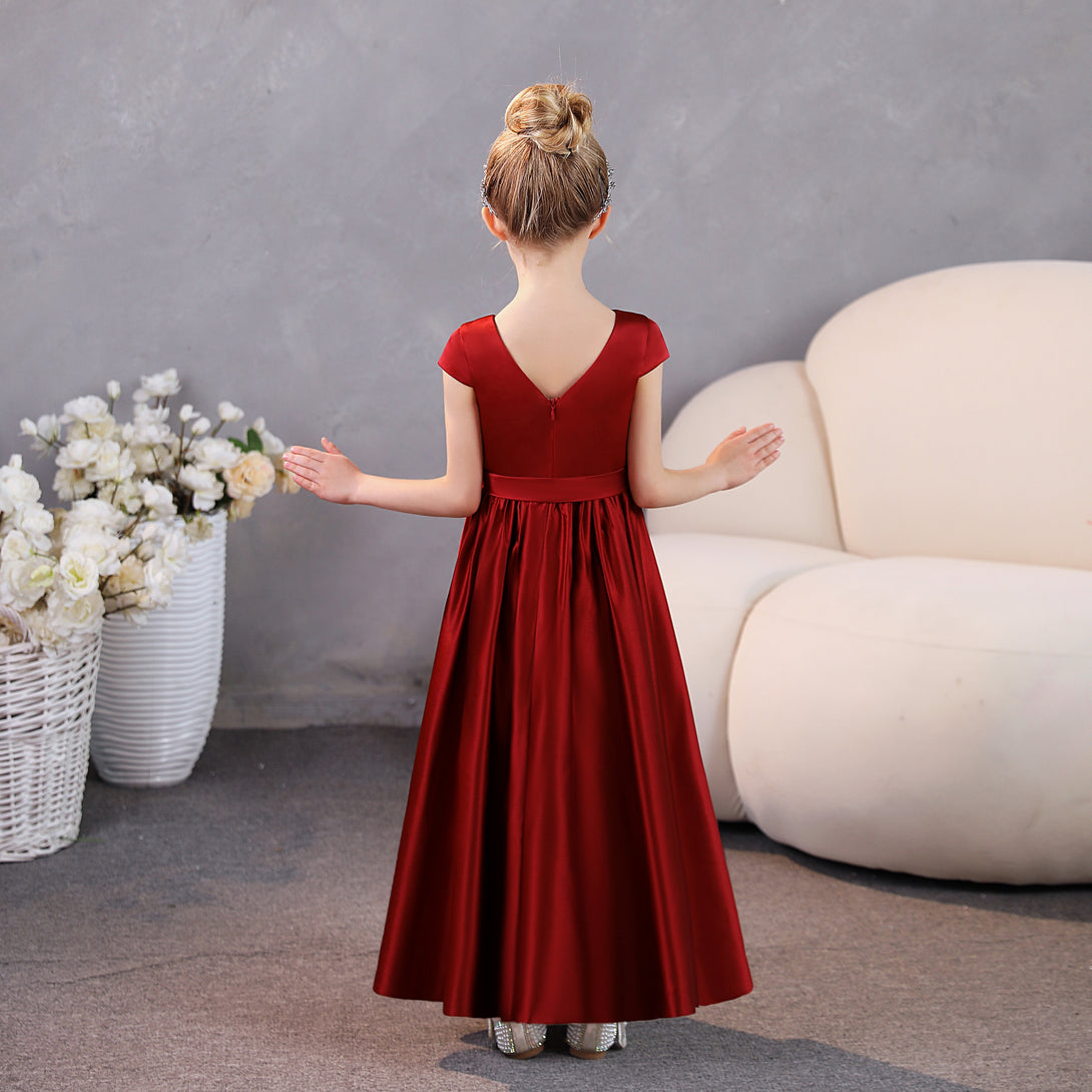 Girls Birthday Dresses Scoop Neck Short Sleeve Satin Floor-Length Party Dresses With Belt Girls Gidiondress