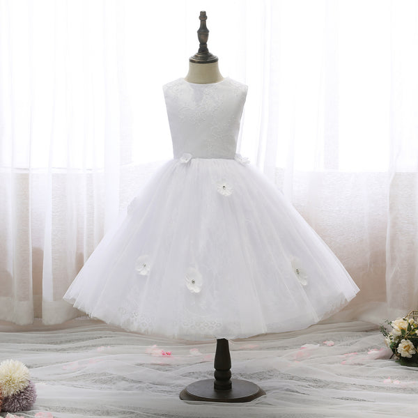 Boat Neck Sleeveless Knee-Length Lace/Satin/Tulle Flower Girl Dresses With 3D Flower Girls Gidiondress