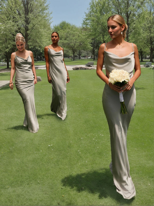 Sheath/Column Spaghetti Straps Cowl Neck Backless Floor-Length Floral Bridesmaid Dresses BabaMila