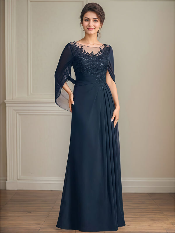 A-Line Scoop Neck Cape Floor-Length Chiffon/Lace/Sequins Mother of the Bride Dress With Pleated/Appliques BabaMila
