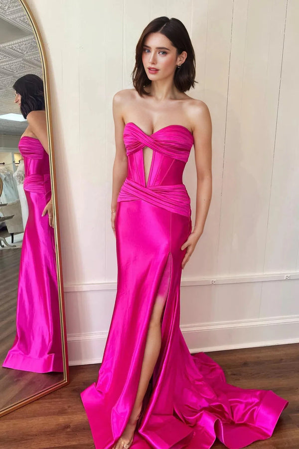 Sweetheart Trumpet/Mermaid Pleated Prom Dress With Slit Fuchsia BabaMila