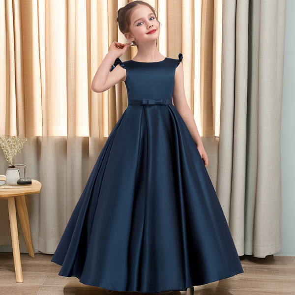 Ball Gown Boat Neck Flutter Straps Floor-Length Satin Flower Girl Dresses/Girls Birthday Dresses With Belt/Bow Girls Gidiondress