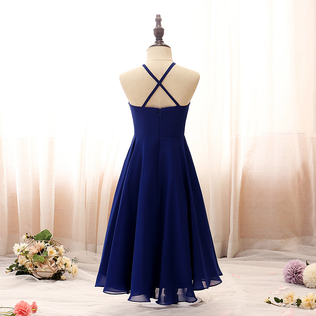 Halter Spaghetti Straps Tea-Length Chiffon Girls Birthday Dresses With Pleated Girls Gidiondress