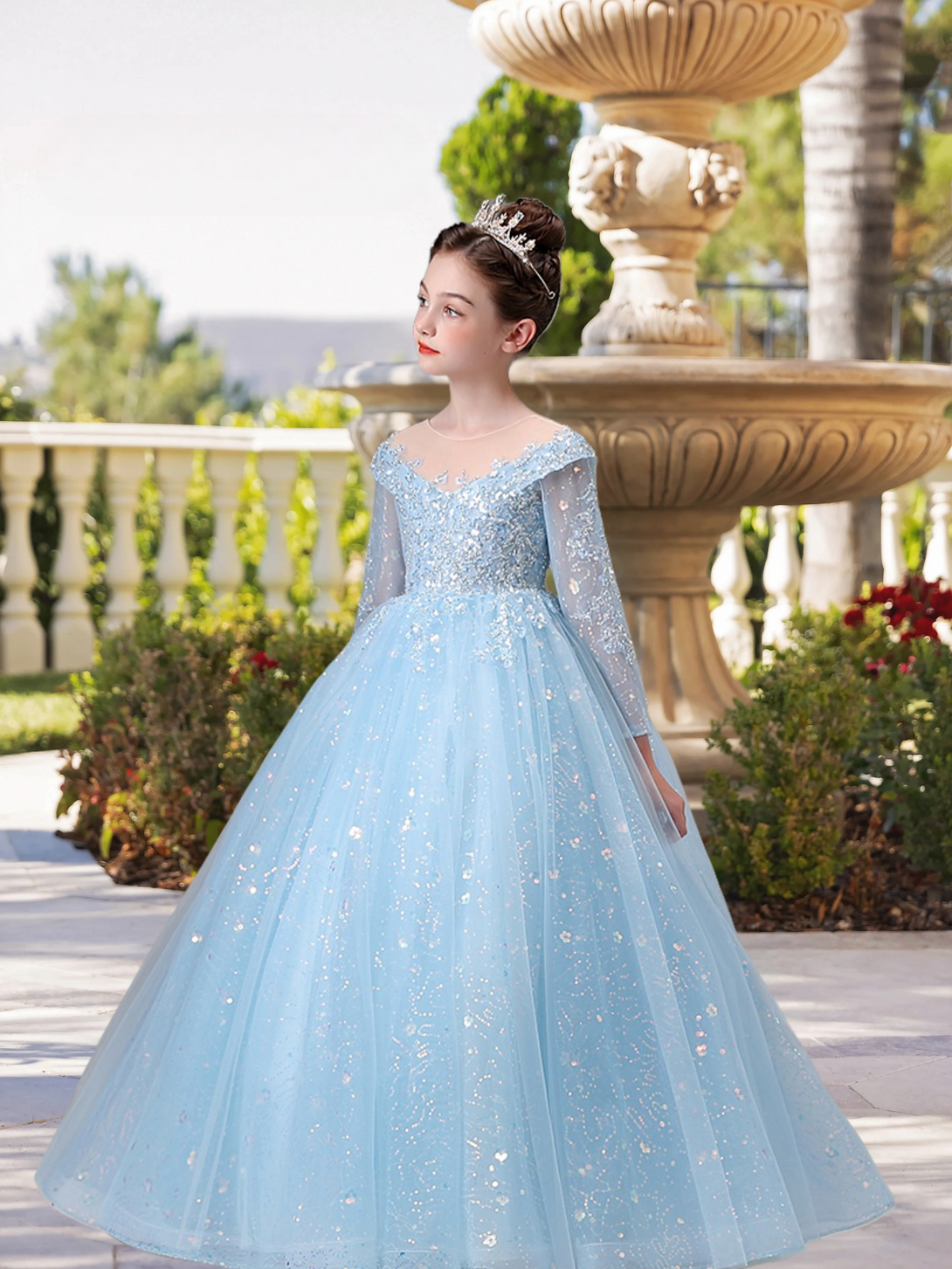 Boat Neck Long Sleeve Floor-Length Lace/Tulle/Sequins Ball Gown/Princess With Appliques Girls Gidiondress