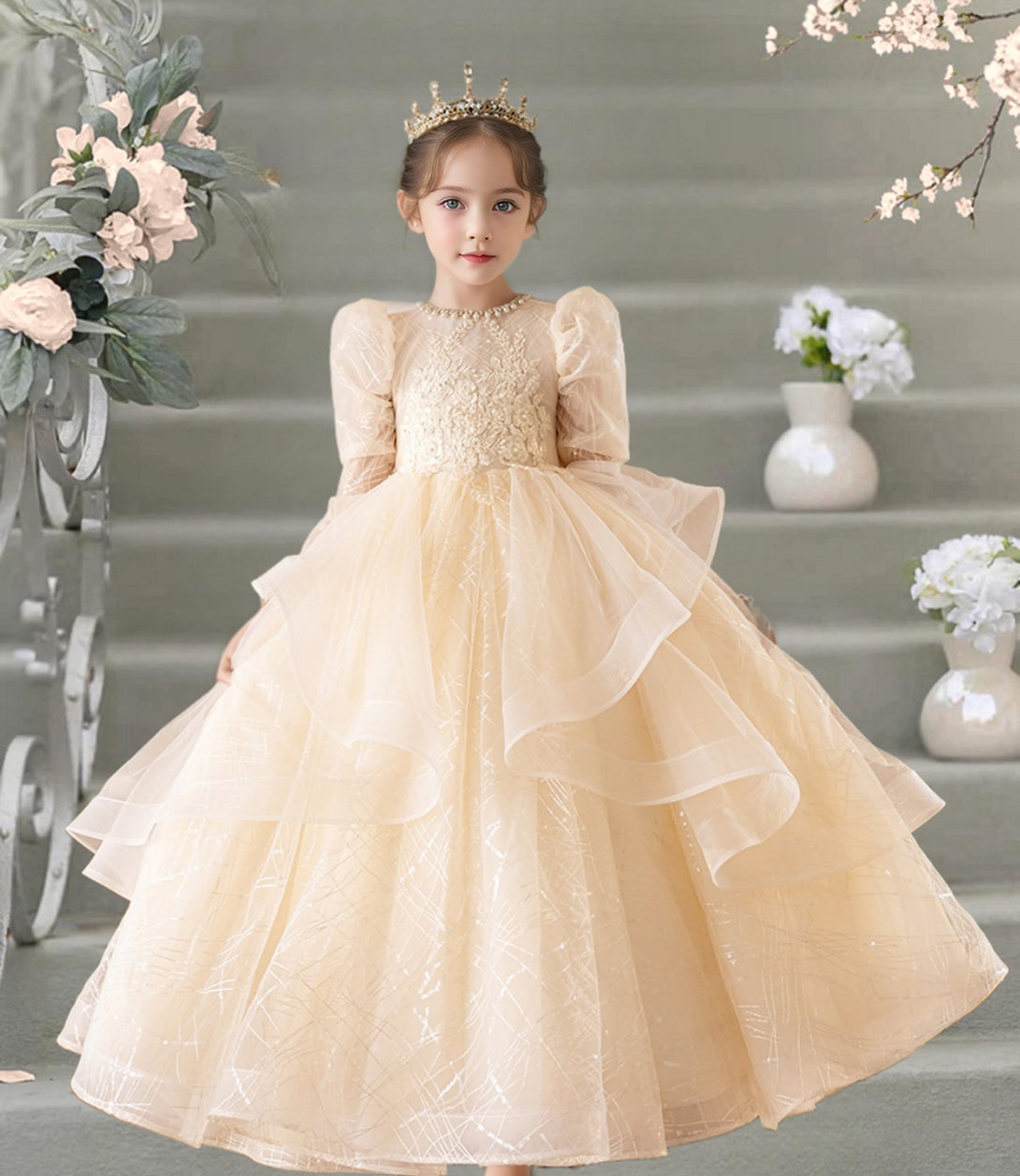 Princesss/Ball Gown Boat Neck Long Sleeve Floor-Length Tulle/Lace Holiday＆Christmas Dresses With Pleated/Beads Girls Gidiondress as picture 12M
