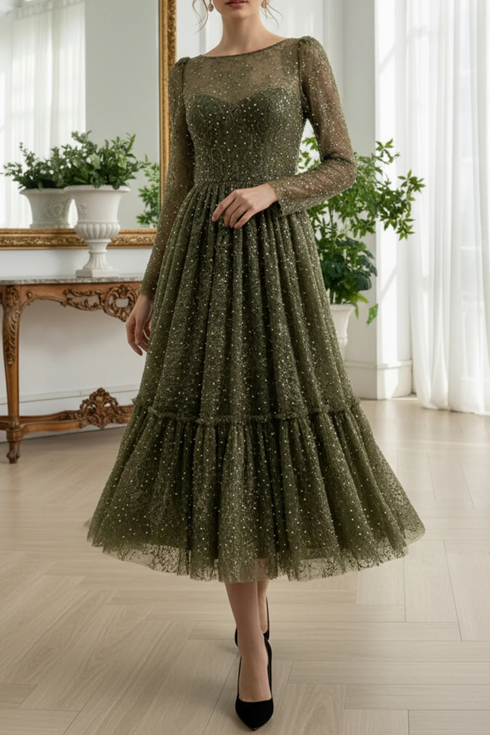 Olive Green Prom Dress Long Sleeve Sequin Lace Midi Dress Evening Party dress BabaMila