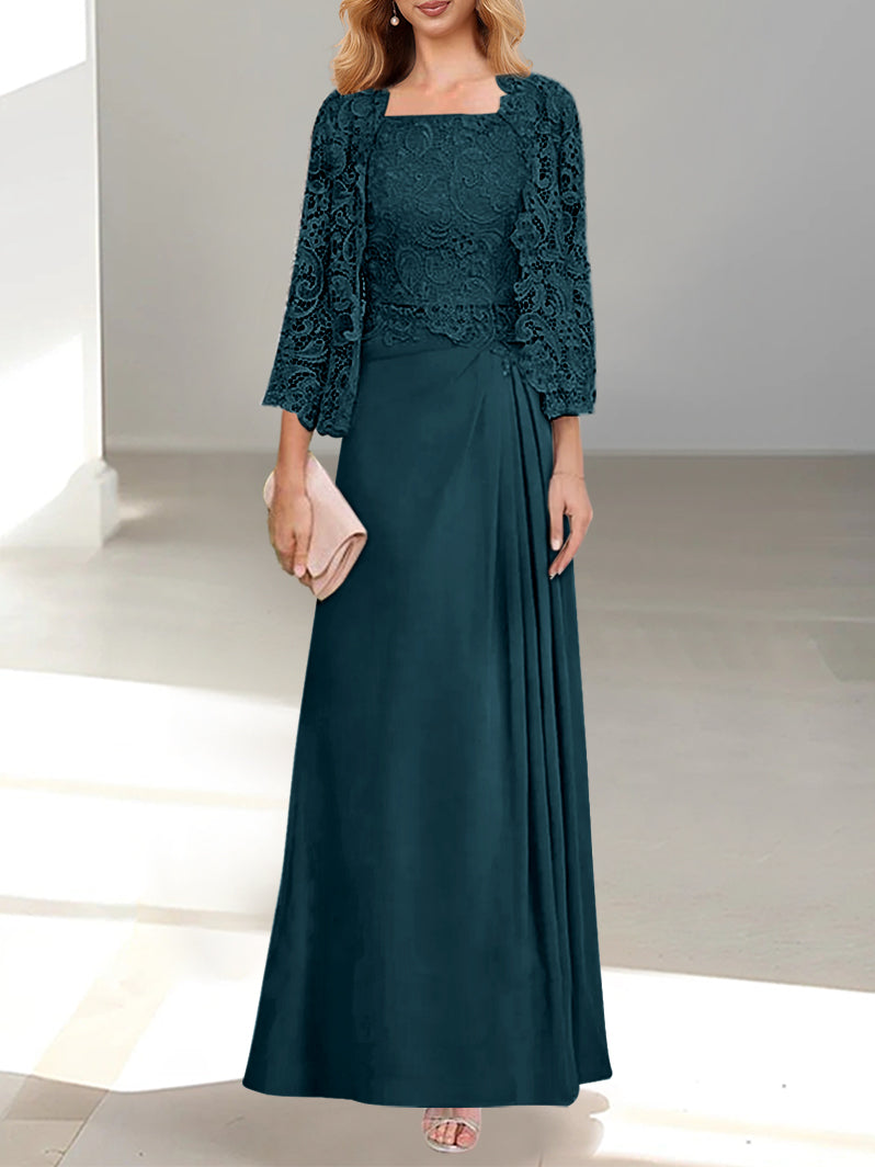 Pieces A-Line/Princess Scoop Floor-Length Mother Of The Bride Dresses With Pleated & Lace Appliques BabaMila