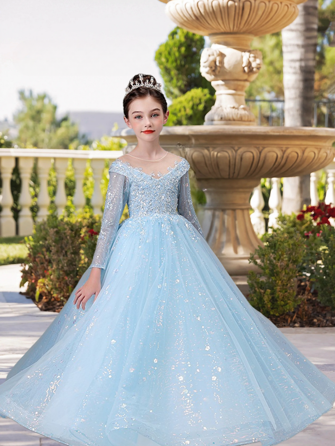Boat Neck Long Sleeve Floor-Length Lace/Tulle/Sequins Ball Gown/Princess With Appliques Girls Gidiondress