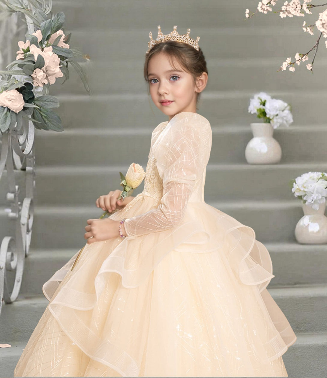 Princesss/Ball Gown Boat Neck Long Sleeve Floor-Length Tulle/Lace Holiday＆Christmas Dresses With Pleated/Beads Girls Gidiondress