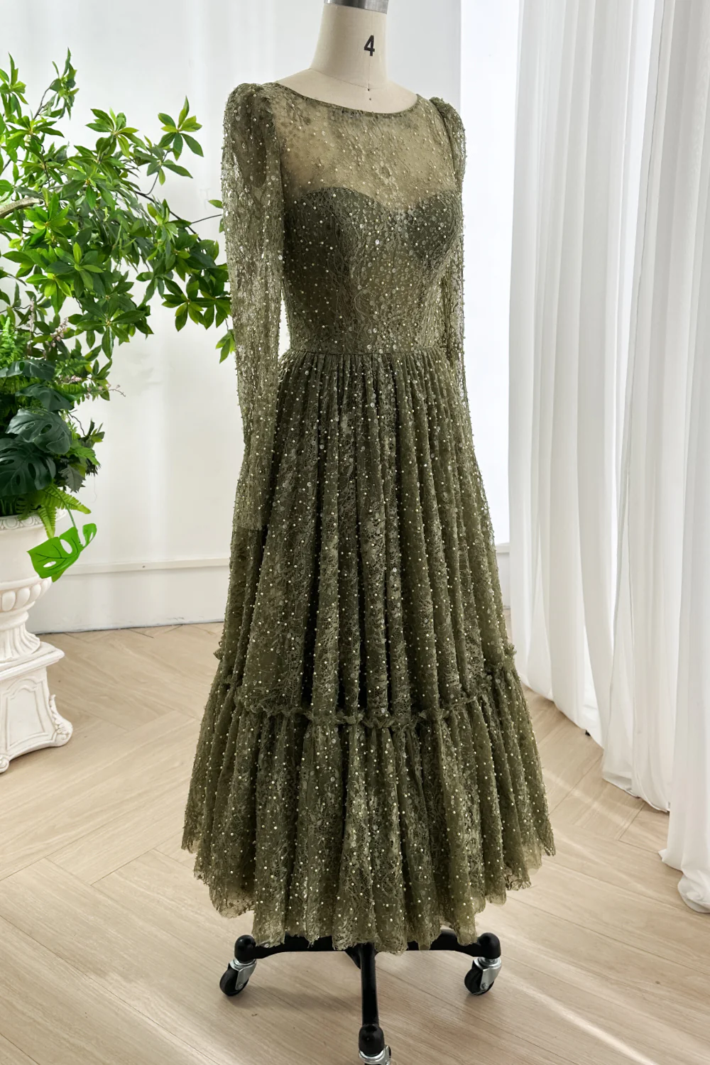Olive Green Prom Dress Long Sleeve Sequin Lace Midi Dress Evening Party dress BabaMila